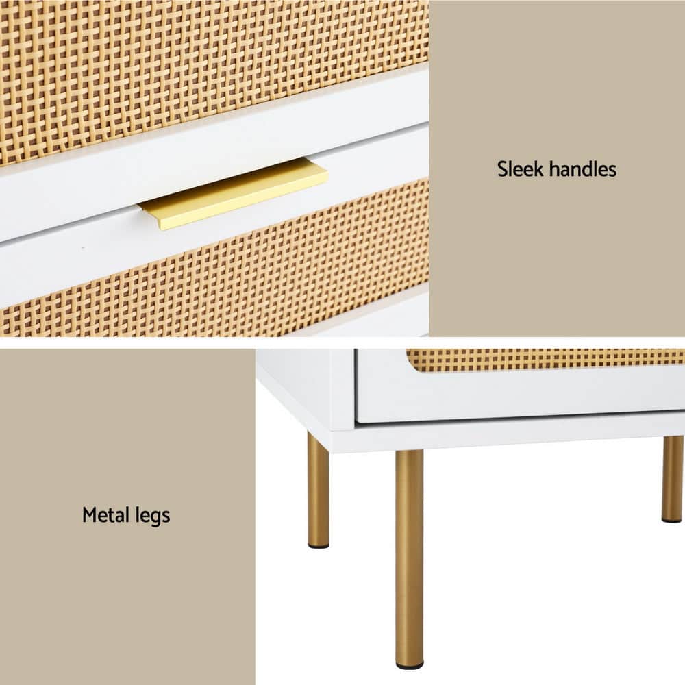 2-Drawer Pine Rattan Bedside Table Modern Bedroom Nightstand Furniture