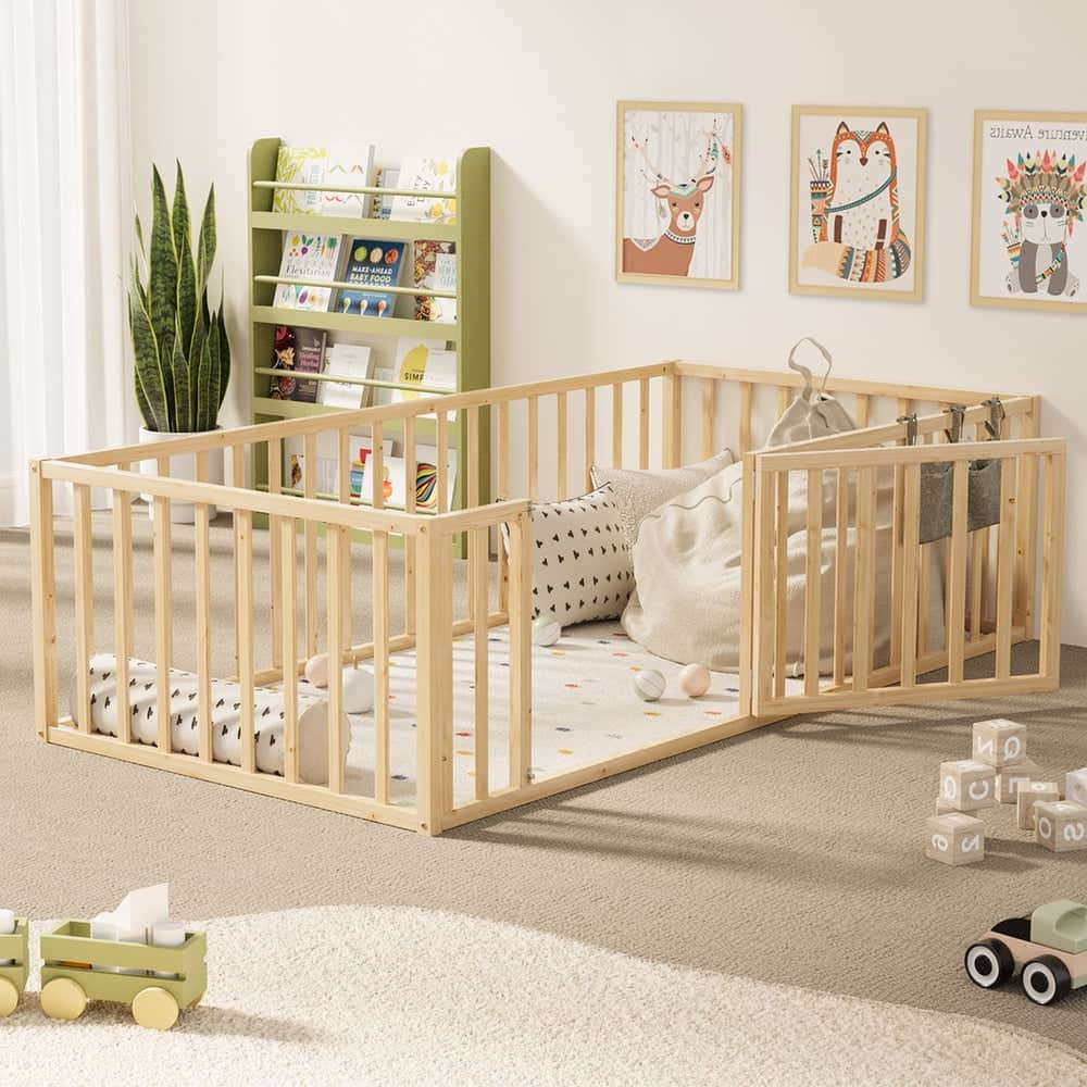 2-in-1 Kids Bed Frame Single Toddler Bed with Play Guard Fence Wood