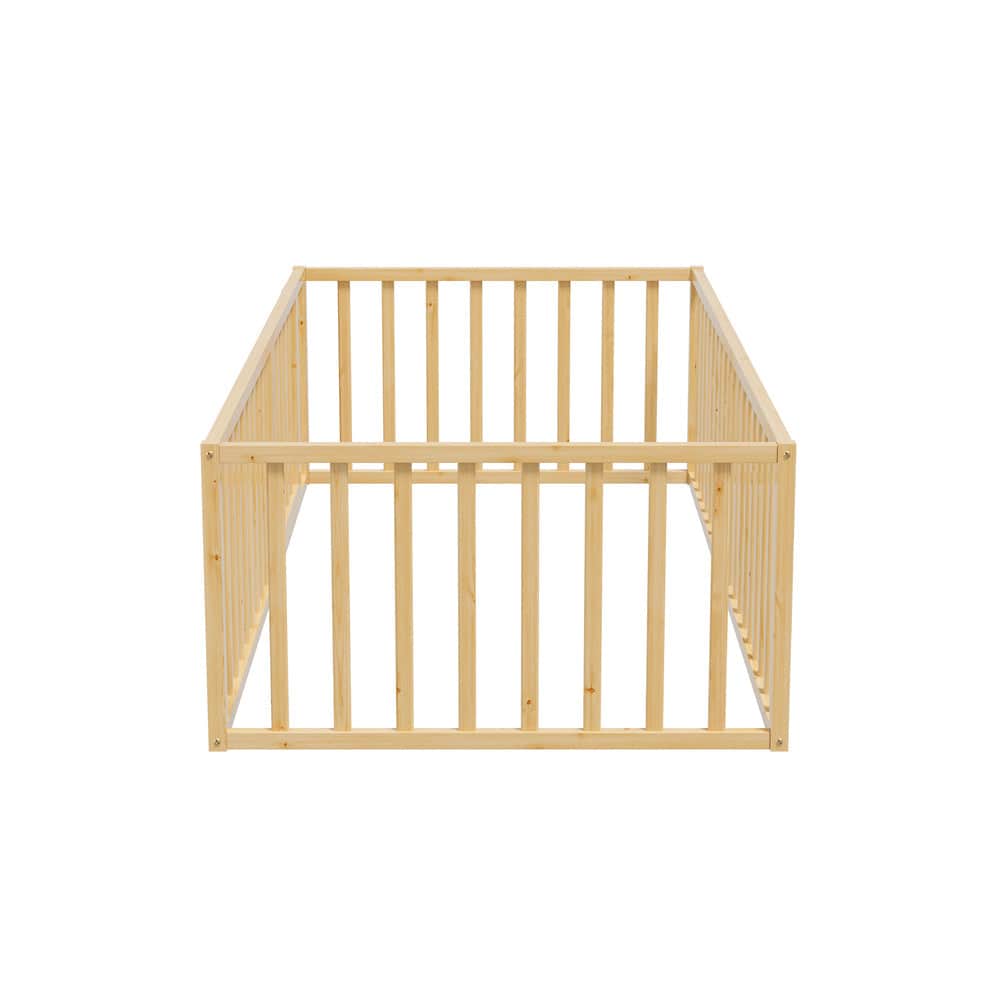 2-in-1 Kids Bed Frame Single Toddler Bed with Play Guard Fence Wood