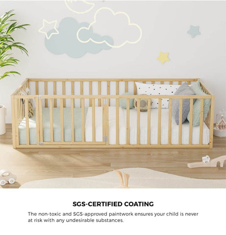 2-in-1 Kids Bed Frame Single Toddler Bed with Play Guard Fence Wood