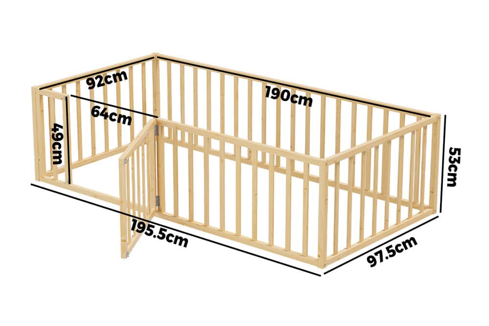 2-in-1 Kids Bed Frame Single Toddler Bed with Play Guard Fence Wood