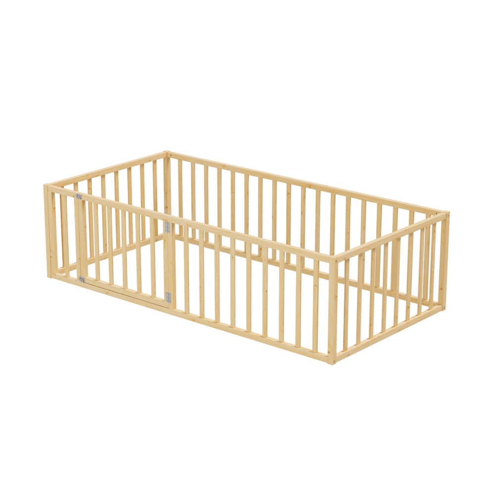 2-in-1 Kids Bed Frame Single Toddler Bed with Play Guard Fence Wood
