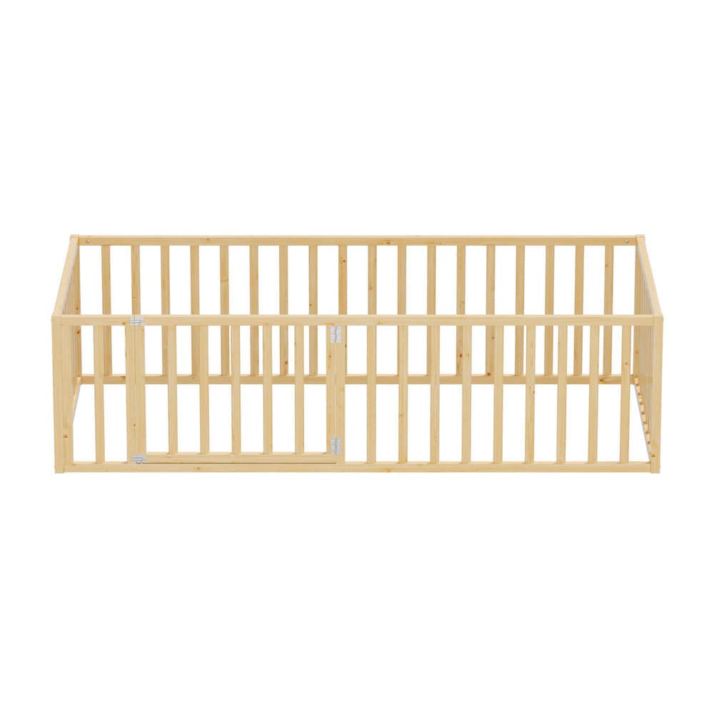 2-in-1 Kids Bed Frame Single Toddler Bed with Play Guard Fence Wood