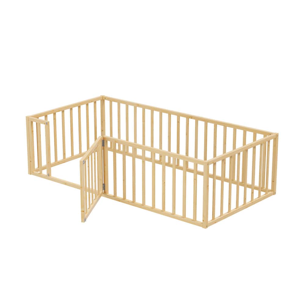 2-in-1 Kids Bed Frame Single Toddler Bed with Play Guard Fence Wood