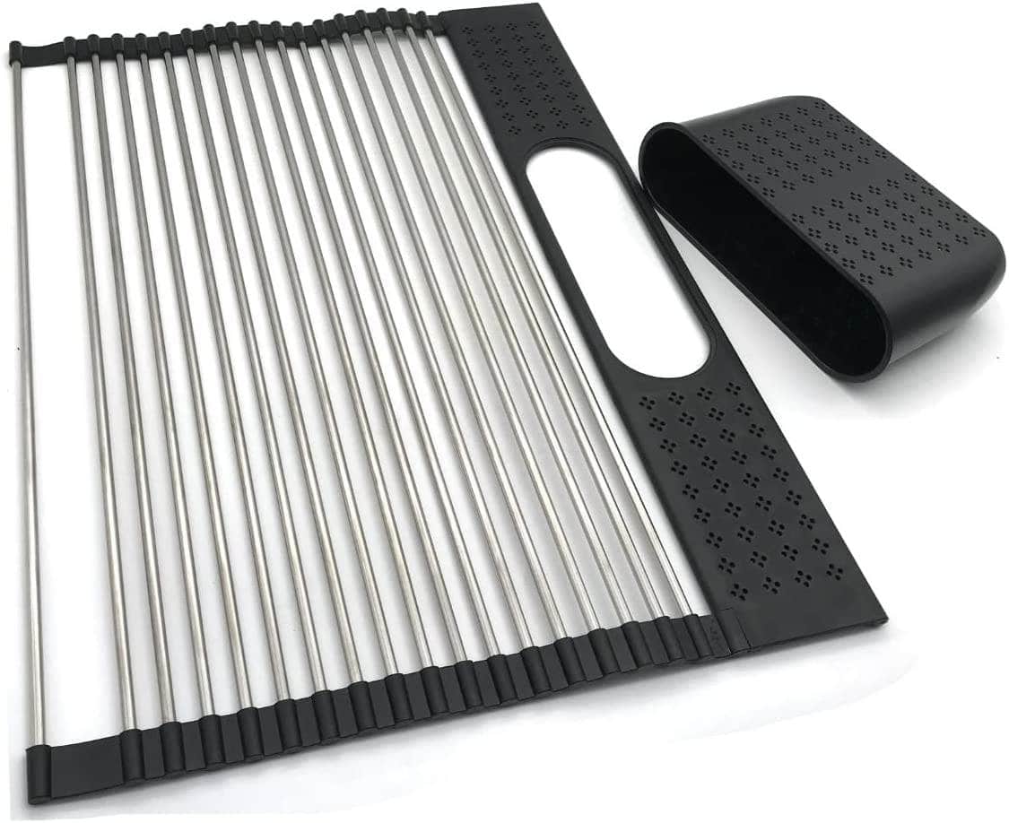 2 Pack Large Stainless Steel Roll Up Dish Drying Rack With Utensil Holder