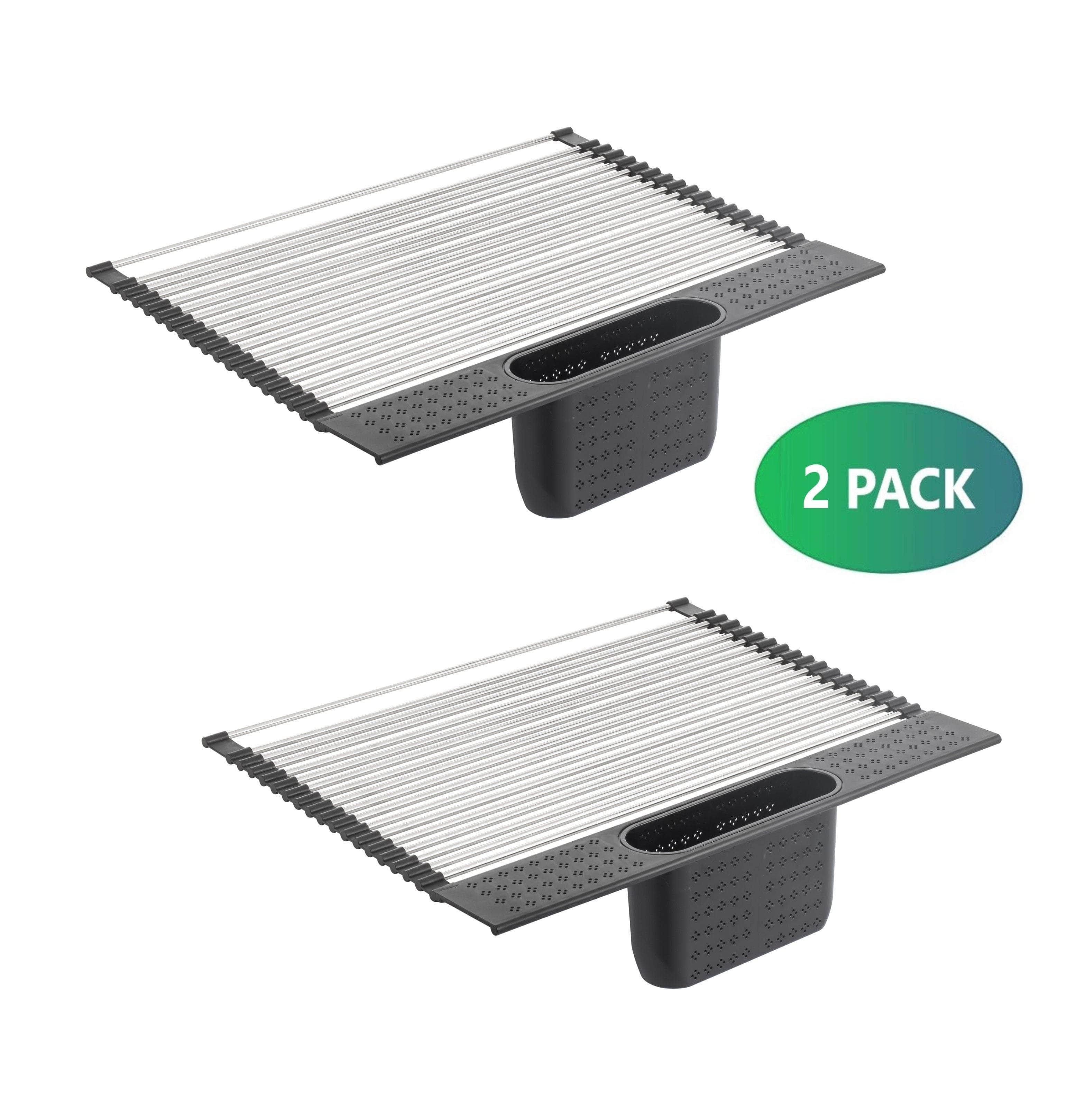 2 Pack Large Stainless Steel Roll Up Dish Drying Rack With Utensil Holder
