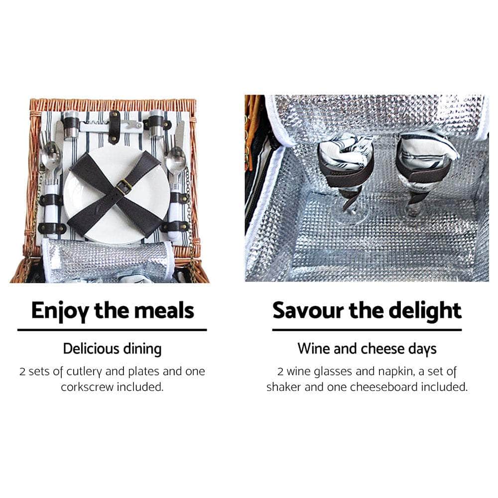 2 Person Picnic Basket Set Vintage Outdoor Baskets Insulated Blanket