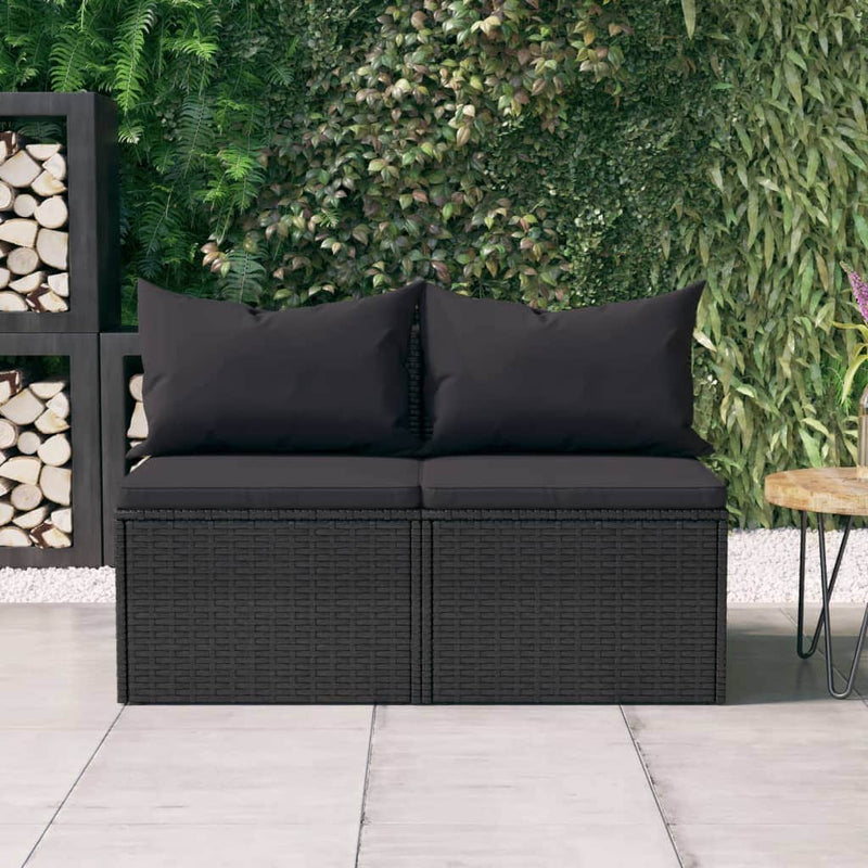 2-Piece Set: Garden Middle Sofas with Cushions in Sleek Poly Rattan-Black\Grey with Rattan finish