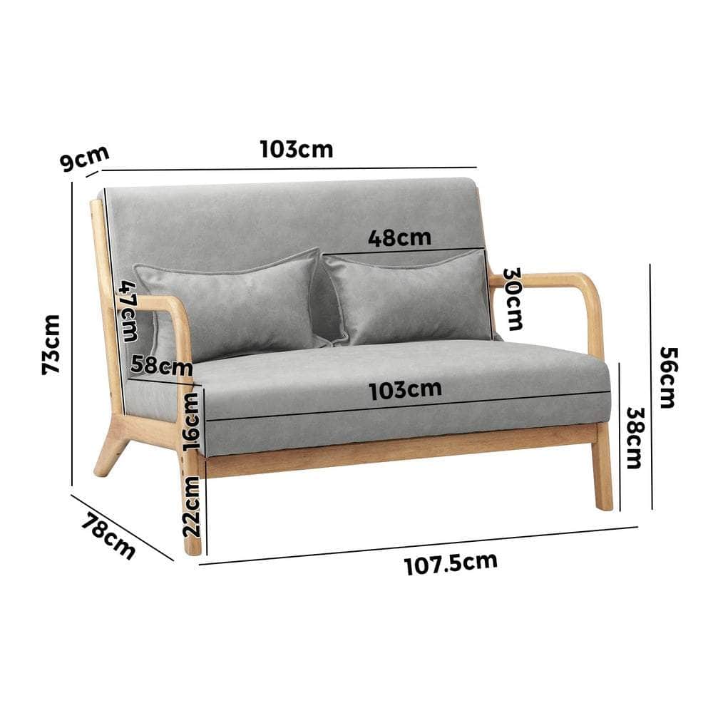 2-Seater Armchair Sofa in Grey Fabric with Cushions for Living Room
