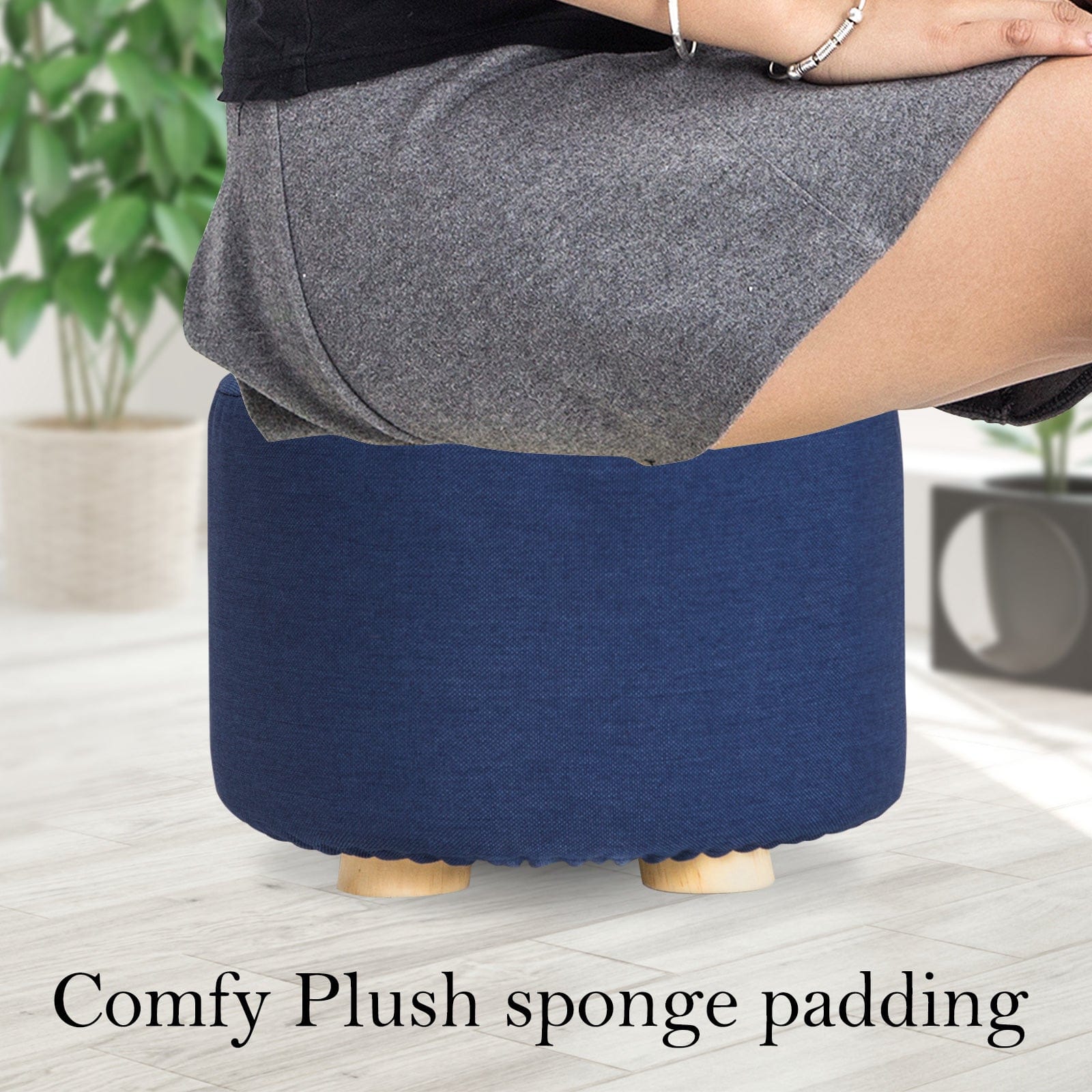 2X Fabric Ottoman Round Wooden Leg Foot Stool - DARK BLUE with Fabric finish