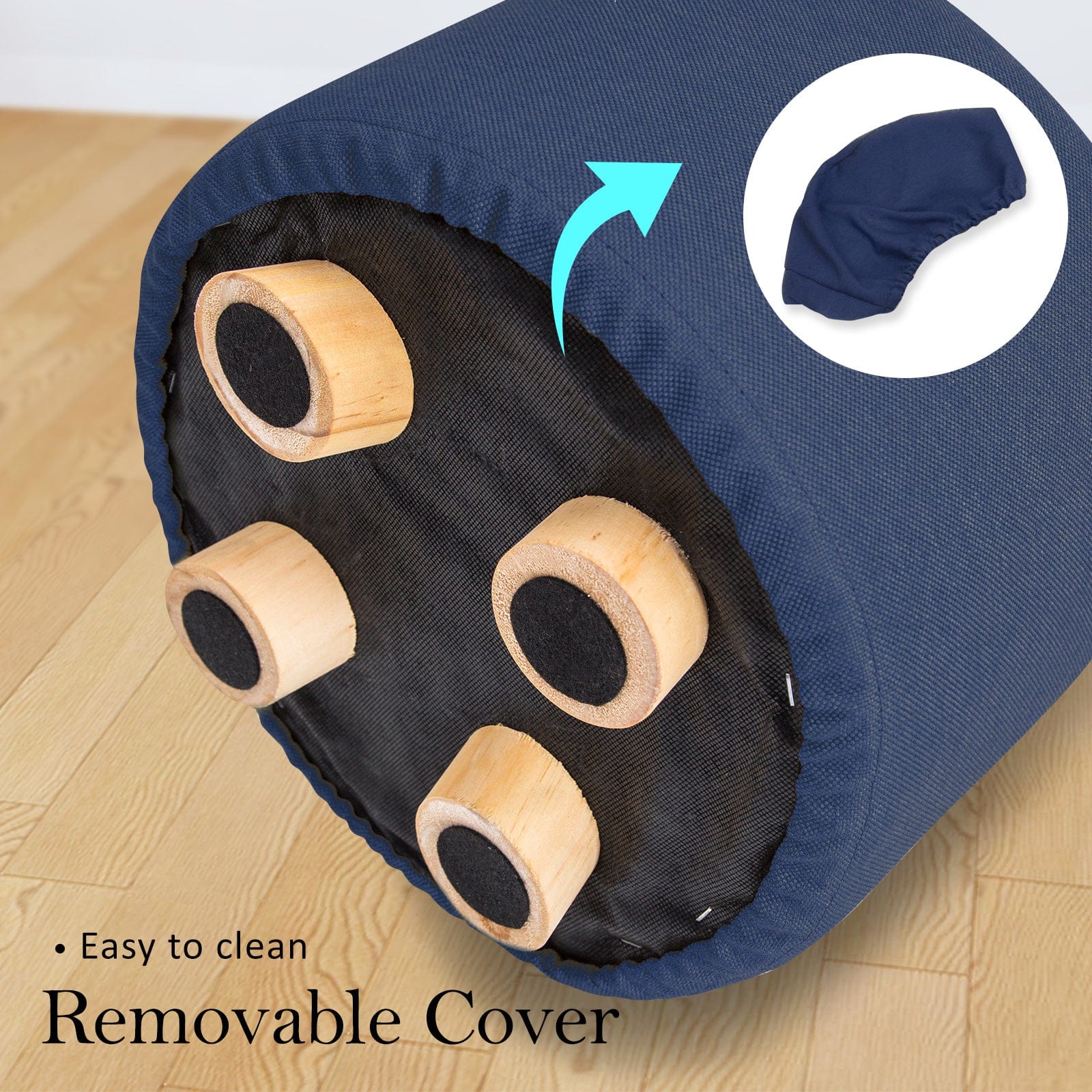 2X Fabric Ottoman Round Wooden Leg Foot Stool - DARK BLUE - Blue colour