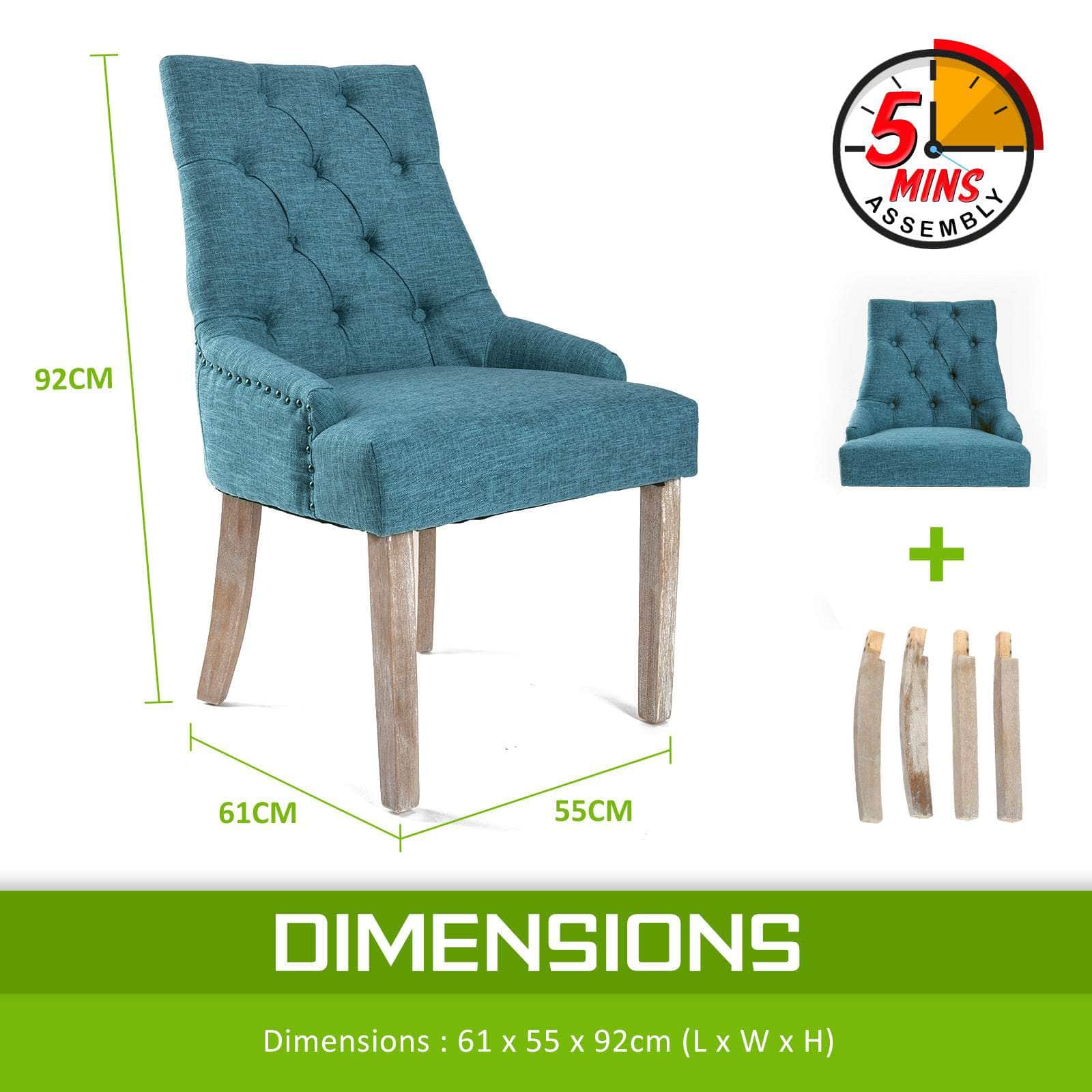 2 Set Dark Blue French Provincial Dining Chair Amour Oak Leg