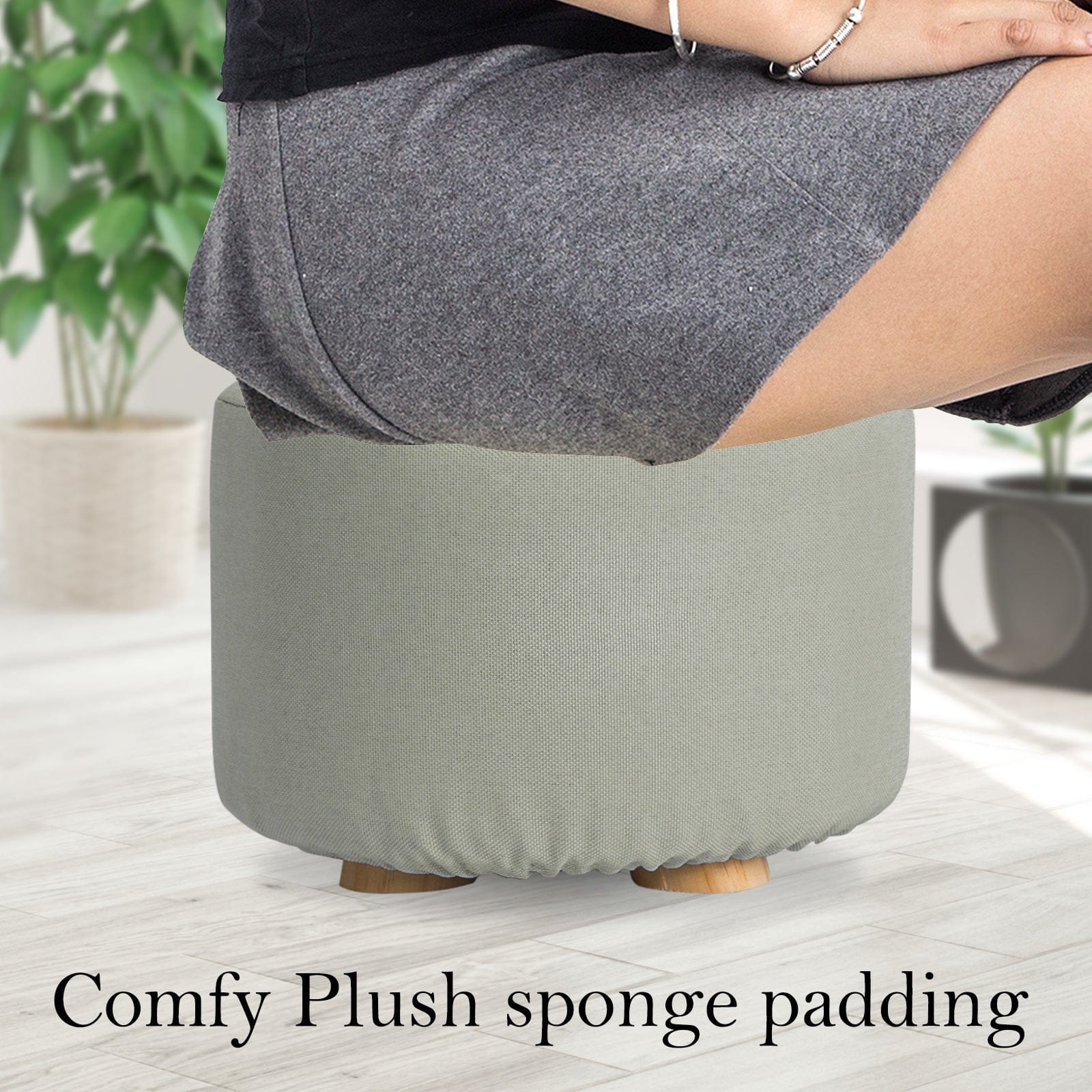 2X Fabric Ottoman Round Wooden Leg Foot Stool - GREY with Fabric finish - photo 18