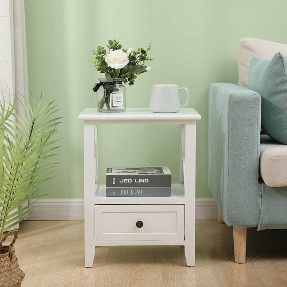 2-Tier Bedside Table With Storage Drawer 2 Pc Rustic White