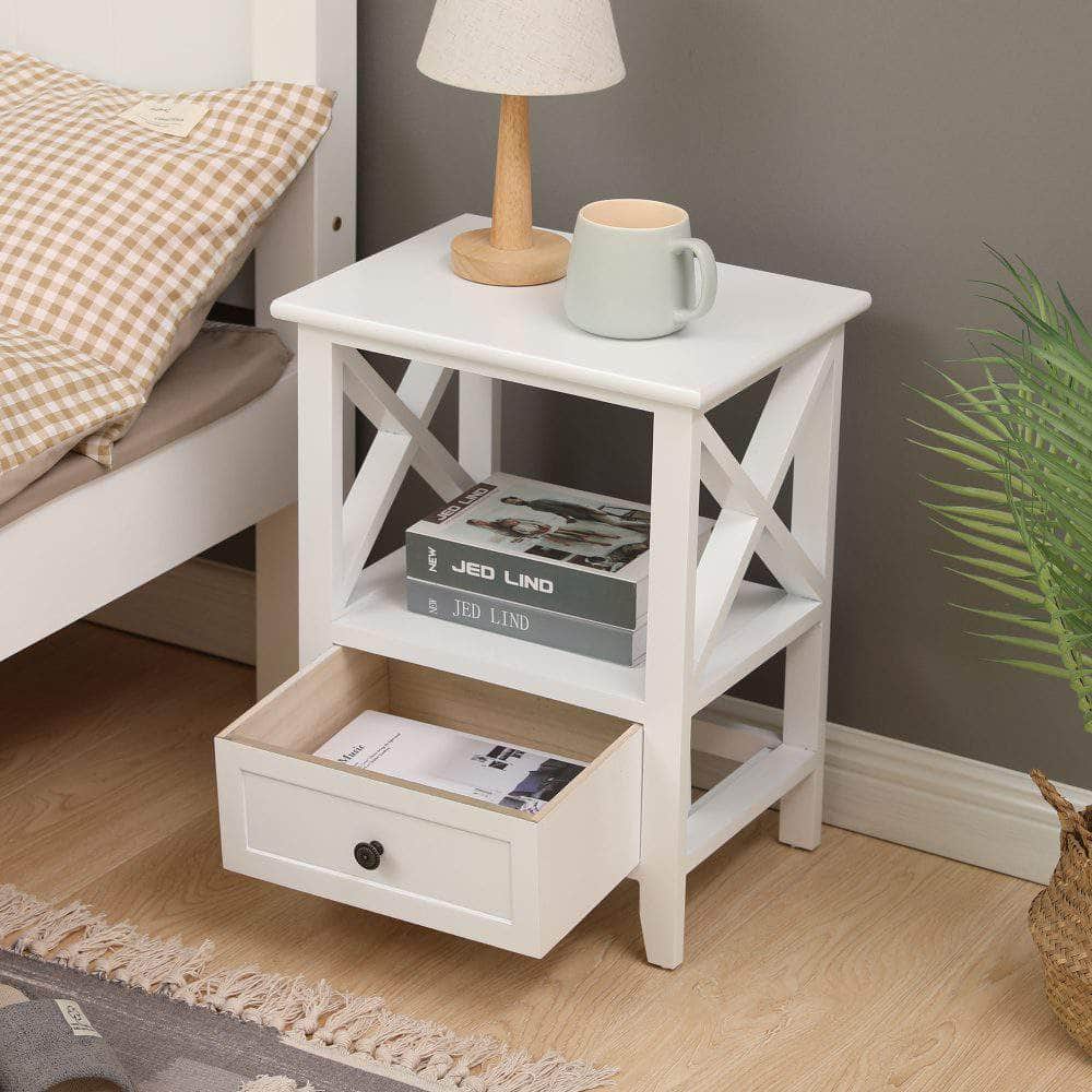 2-Tier Bedside Table With Storage Drawer 2 Pc Rustic White