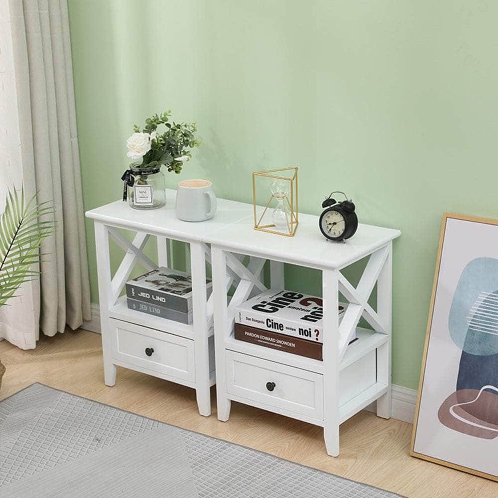 2-Tier Bedside Table With Storage Drawer 2 Pc Rustic White
