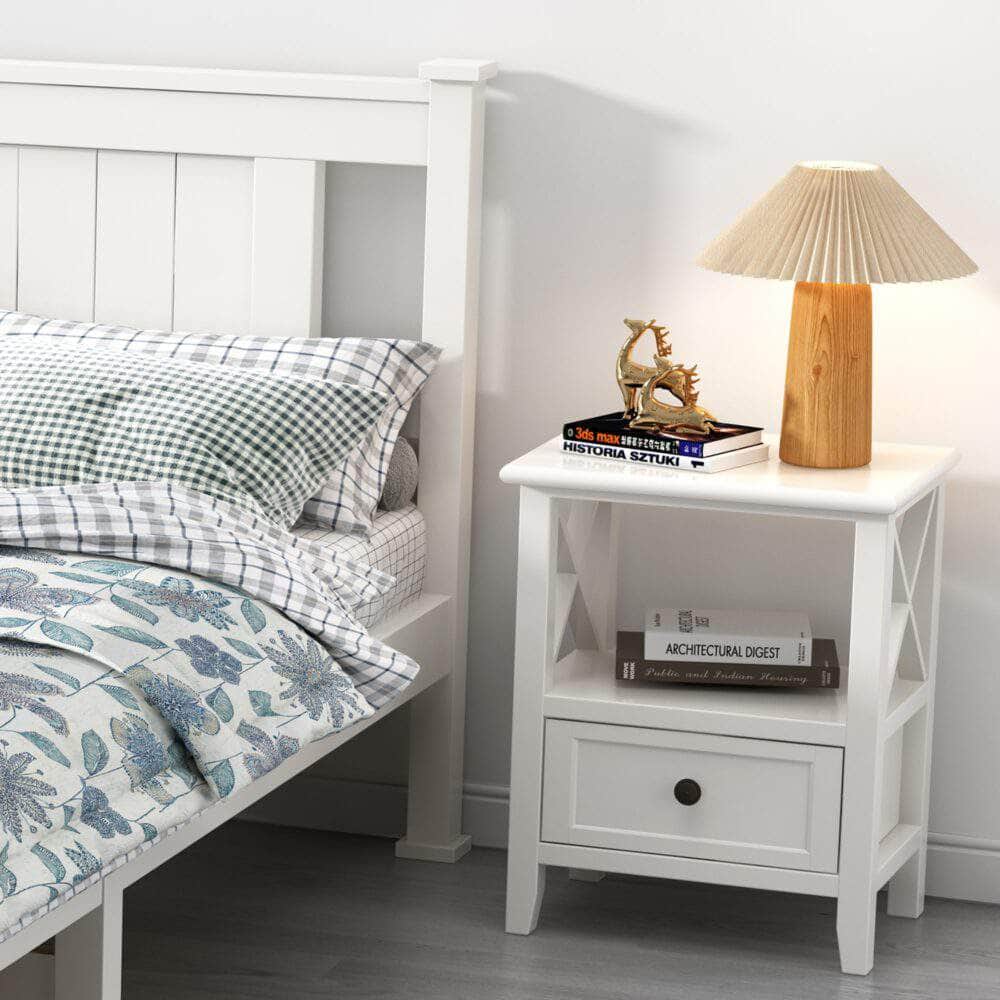 2-Tier Bedside Table With Storage Drawer 2 Pc Rustic White