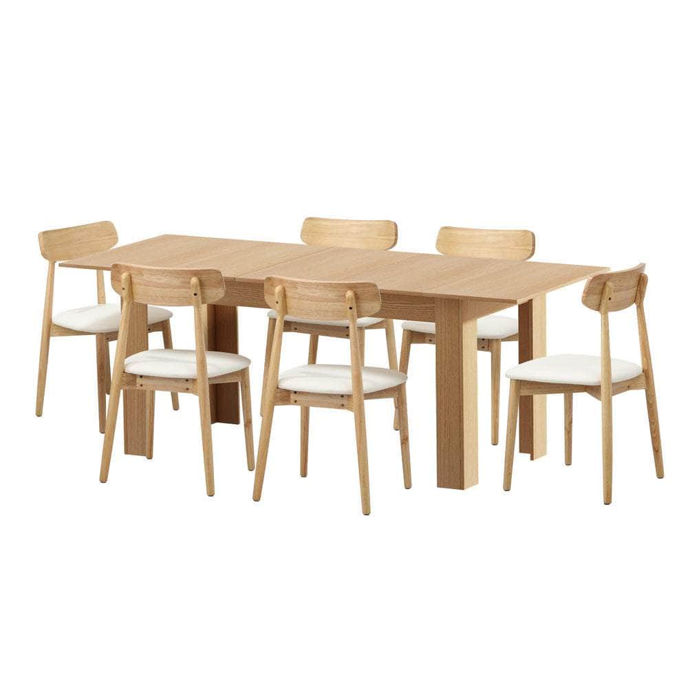 200cm Extendable Dining Table with 6x Dining Chairs PU Leather Natural