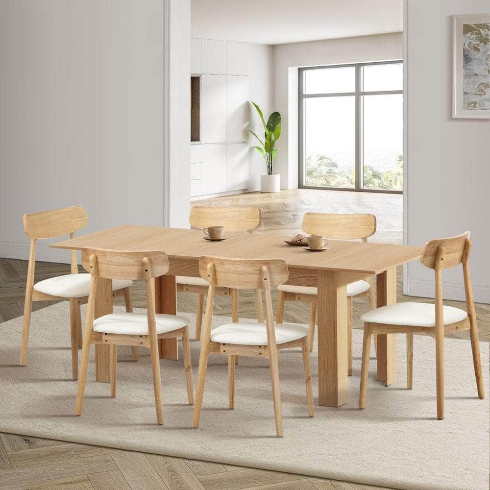 200cm Extendable Dining Table with 6x Dining Chairs PU Leather Natural