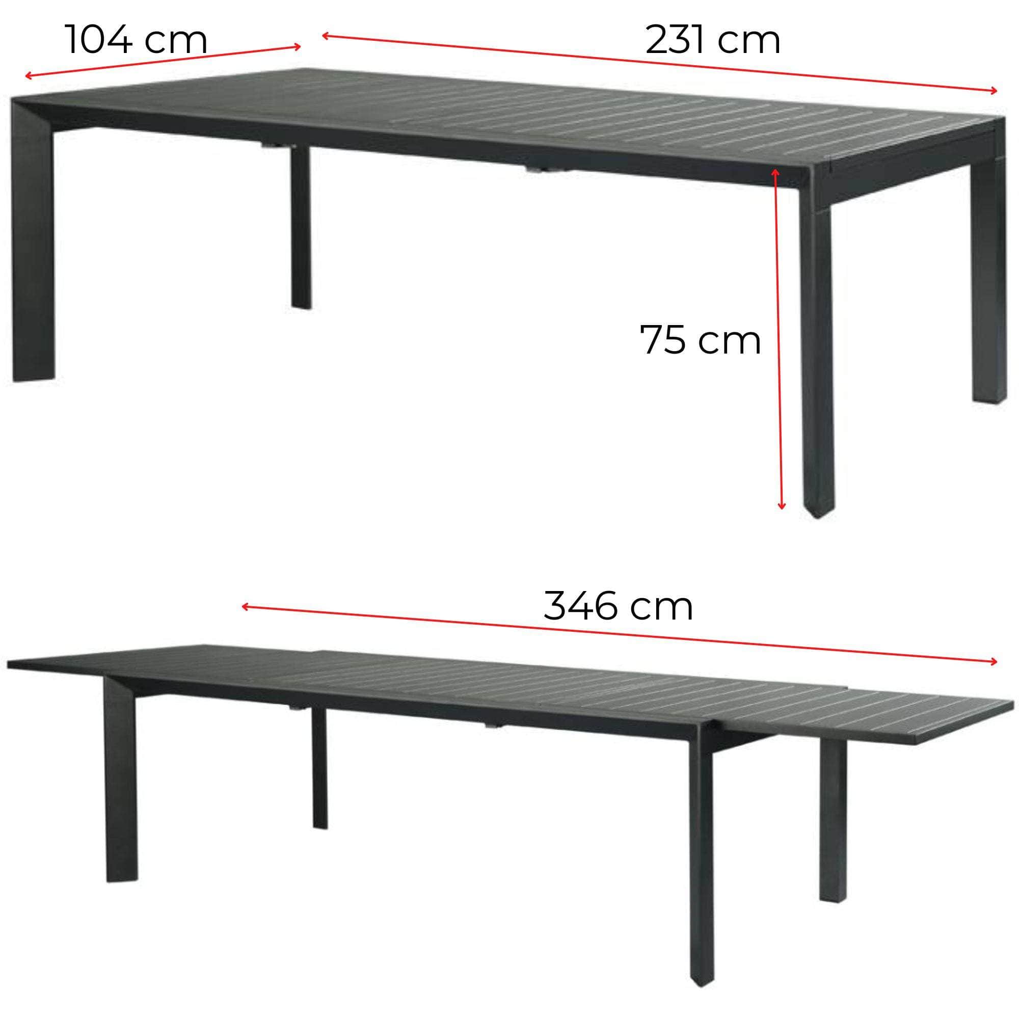 230-345Cm Aluminium Outdoor Extensible Dining Table Charcoal