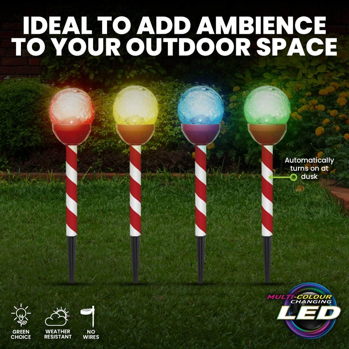 24PCE Solar Candy Cane Stakes With Crackle Balls LED 35cm