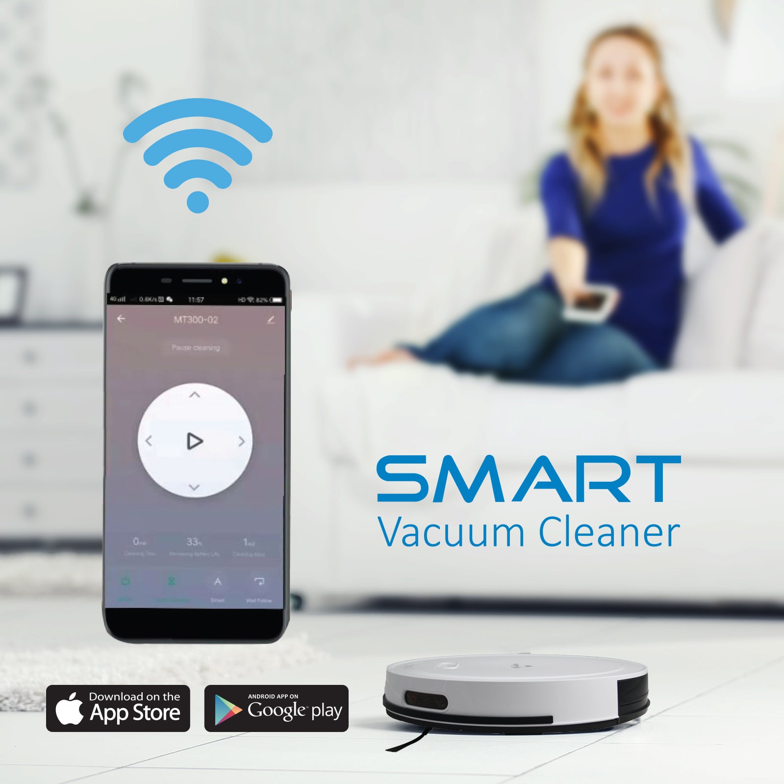 Genie Smart Robotic Vacuum Cleaner Auto Suction Mop for Pet Hair White