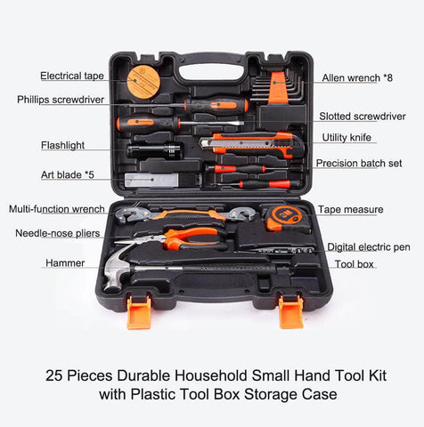 25Pcs Household Hand Tools Set Kit Box with Hard Storage Case