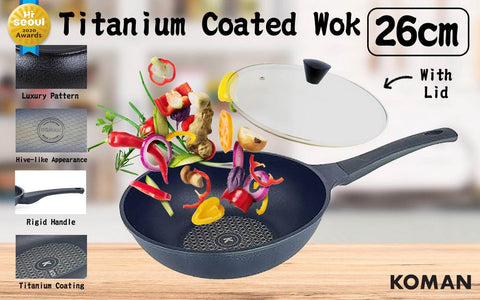 26Cm Titanium Coating Wok Pan Non-Stick + Glass Lid