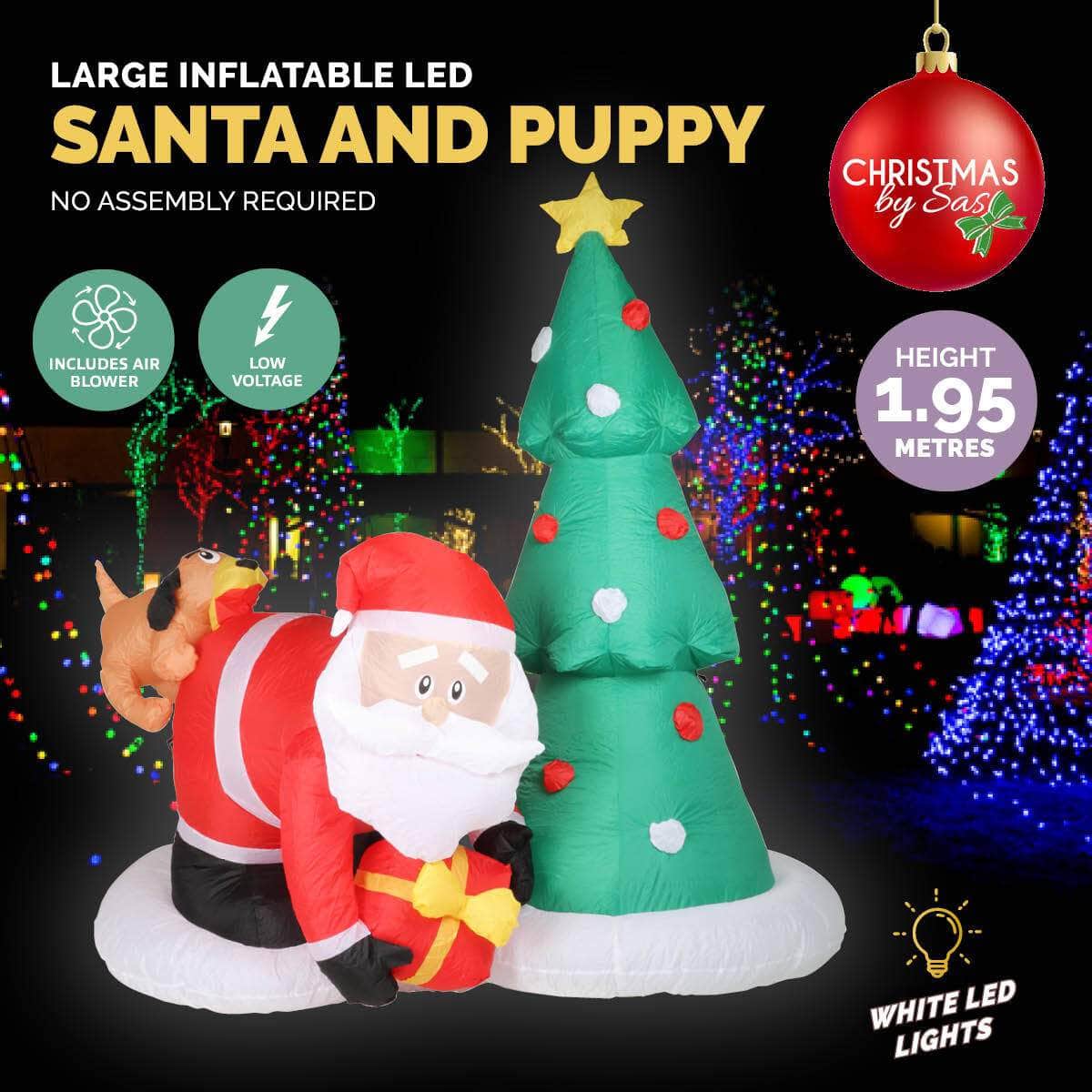 2m Santa Puppy & Tree Built-In Blower Bright LED Lighting