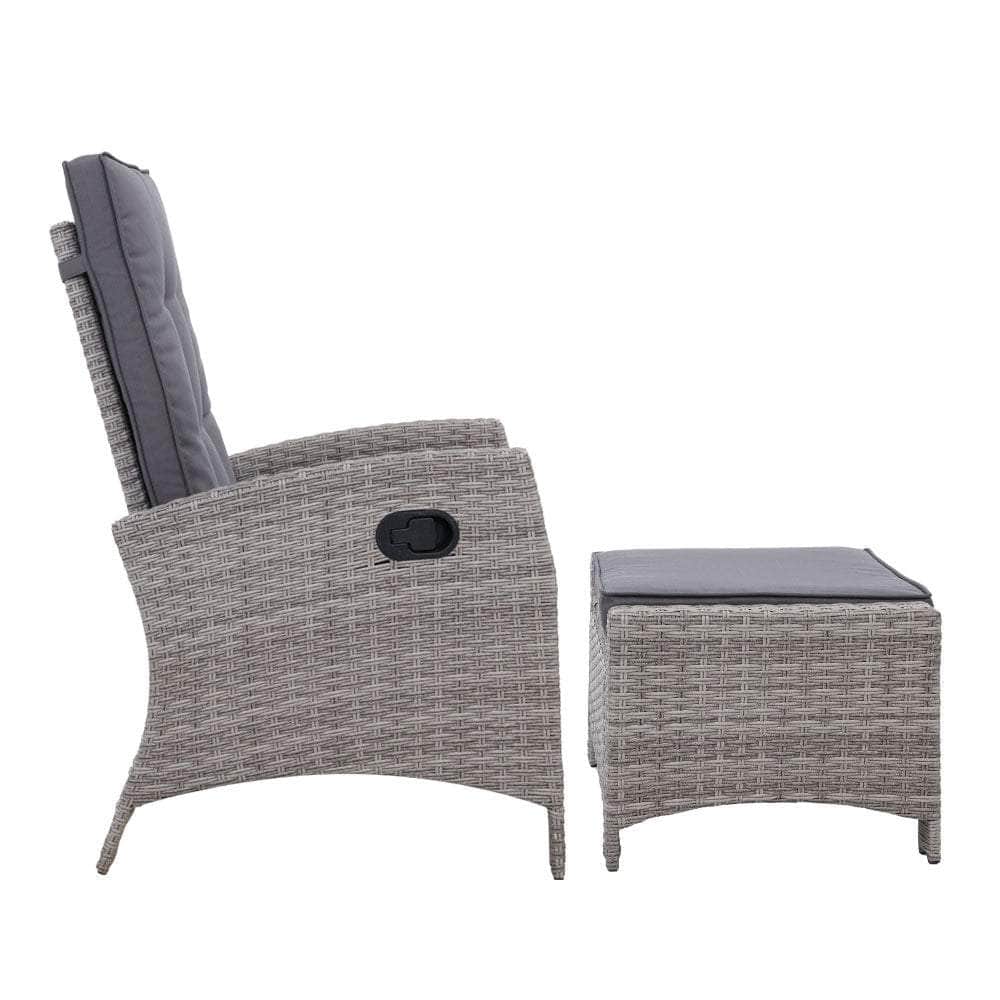 2PC Recliner Chairs Sun lounge Wicker Lounger Outdoor Furniture Adjustable Grey