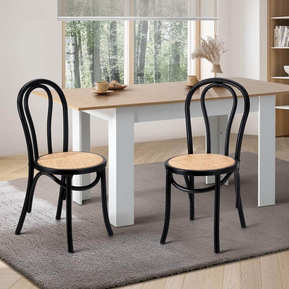 2PCS Black Dining Chairs Solid Wood Frame with Rattan Seat for Kitchen