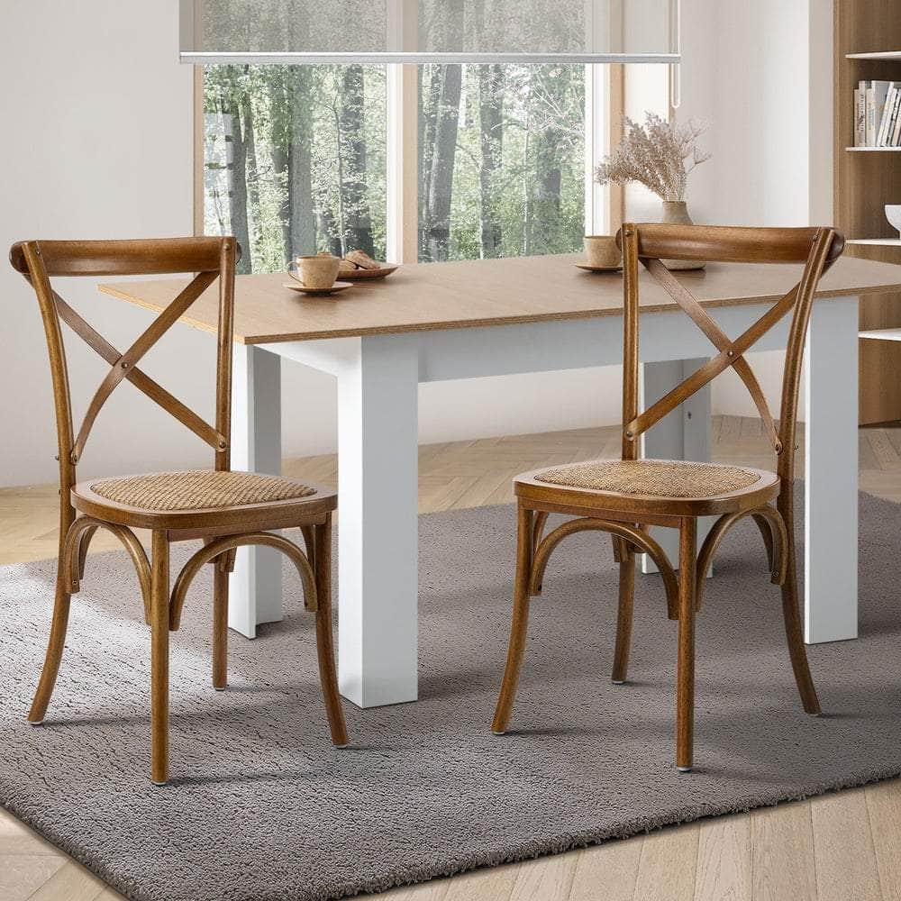 2PCS Crossback Wooden Dining Chair Rattan Seat Walnut