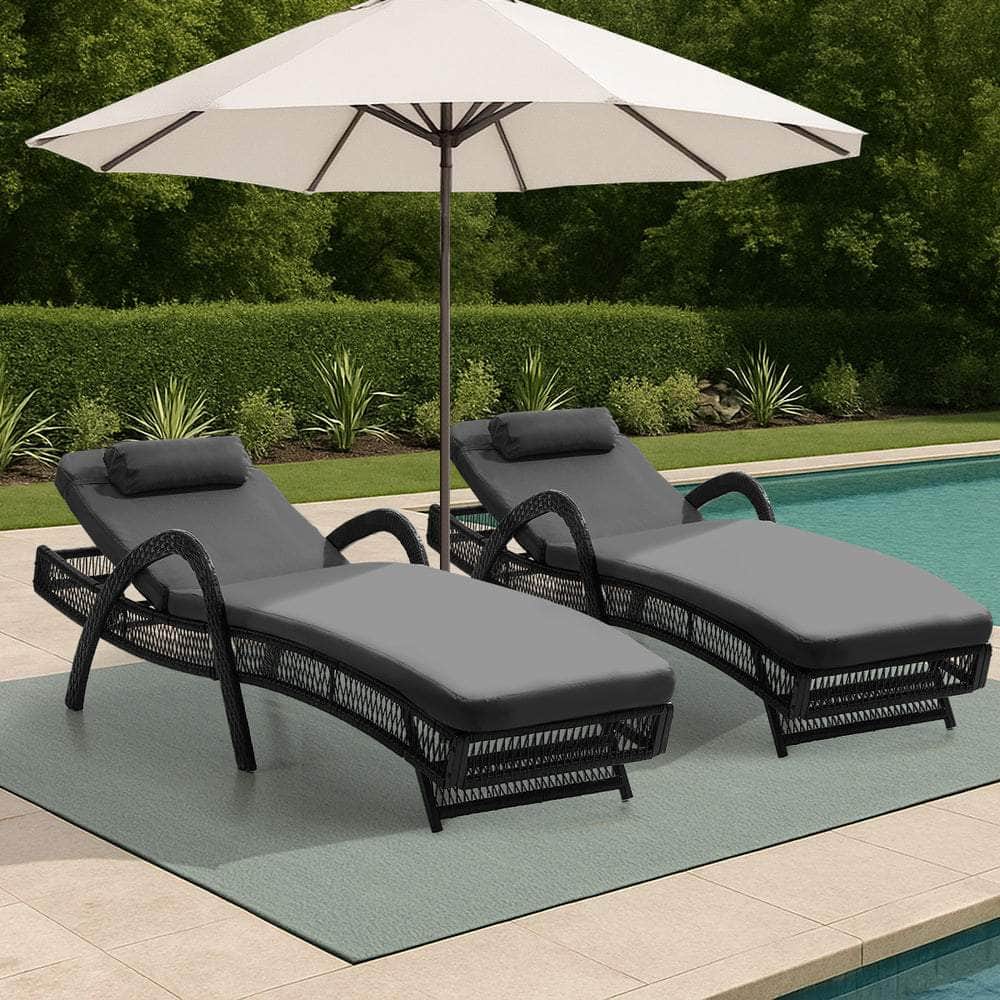 2PCS Outdoor Sun Lounge Wicker Bed Patio Furniture Beige&Grey