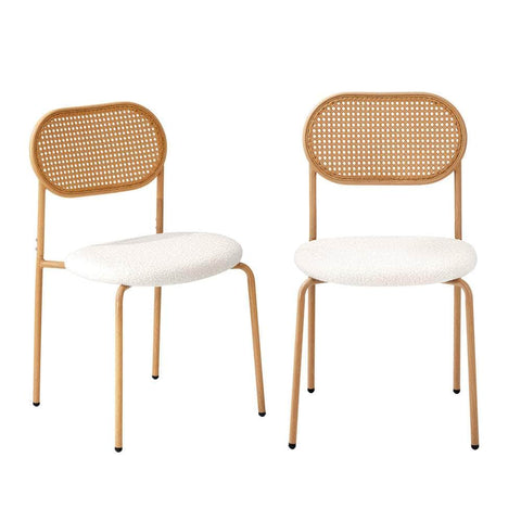 2PCS Rattan Dining Chair Sherpa PU Leather White/Black