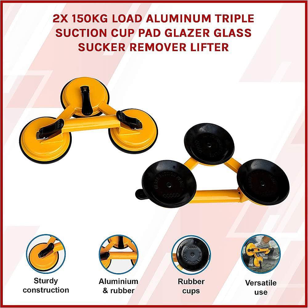 2x 150kg Load Aluminum Triple Suction Cup Pad Glazer Glass Sucker Remover Lifter