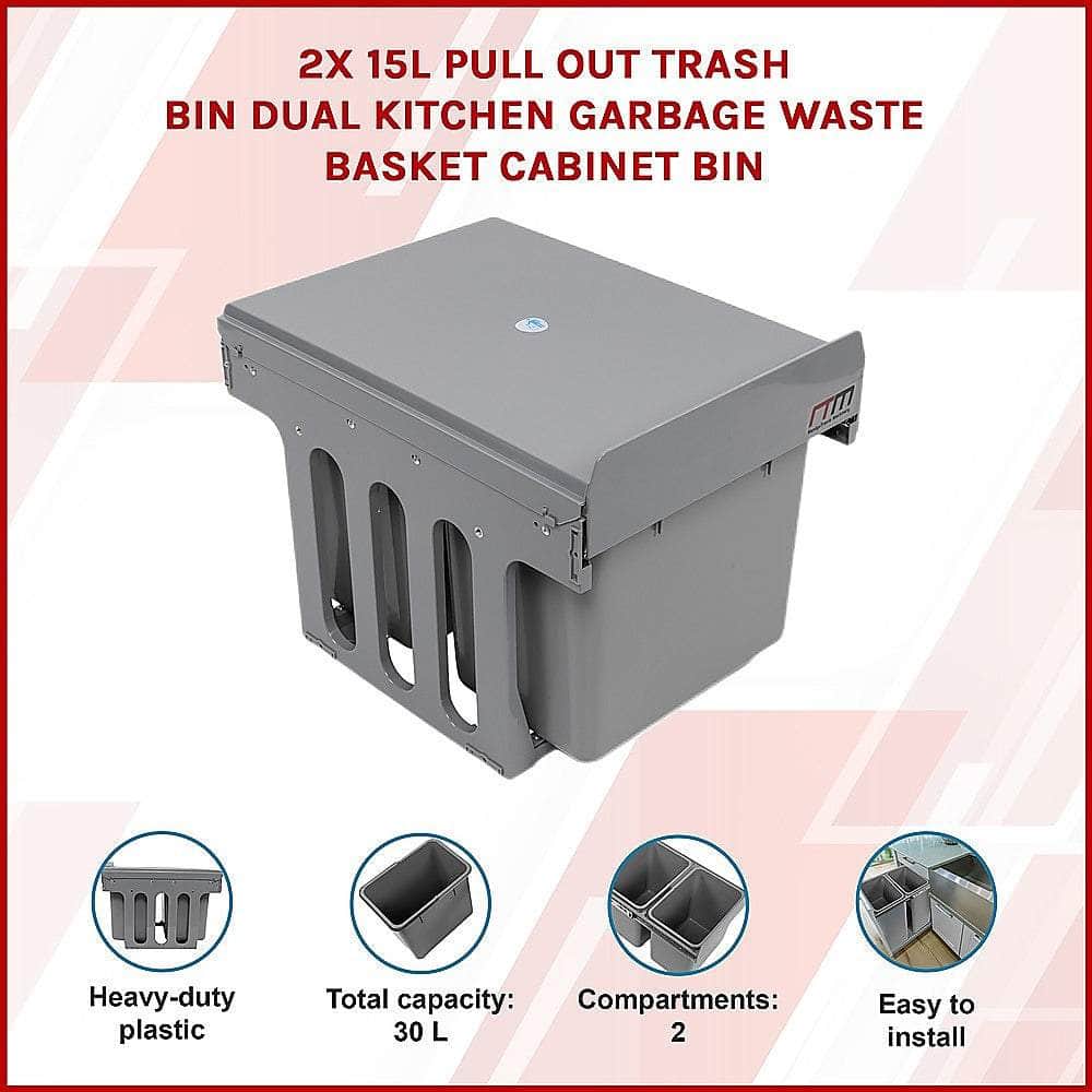 2X 15L Pull Out Trash Bin - Dual Kitchen Garbage Waste Cabinet