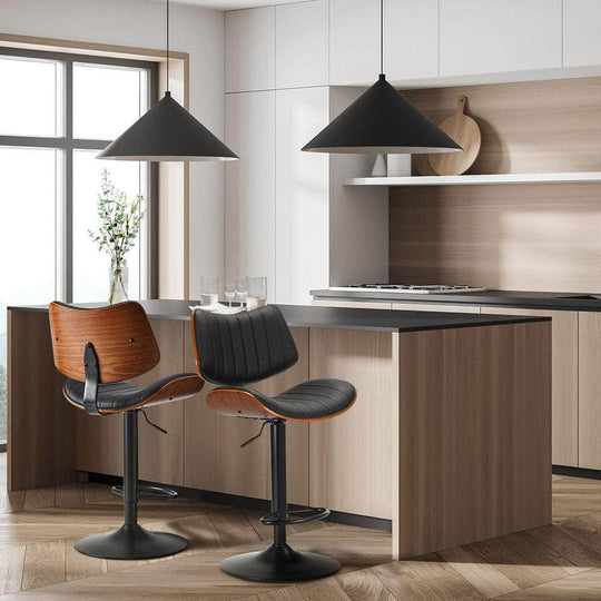 2x Bar Stool Kitchen Swivel Chair Wooden Leather Gas Lift Black | Wooden finish