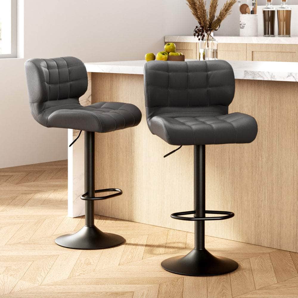 2x Bar Stools Gas Lift Leather Padded Grey