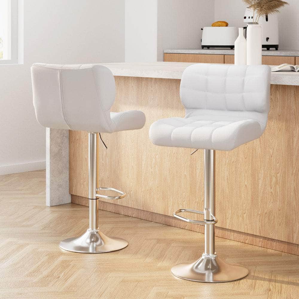 2x Bar Stools Gas Lift Leather Padded White