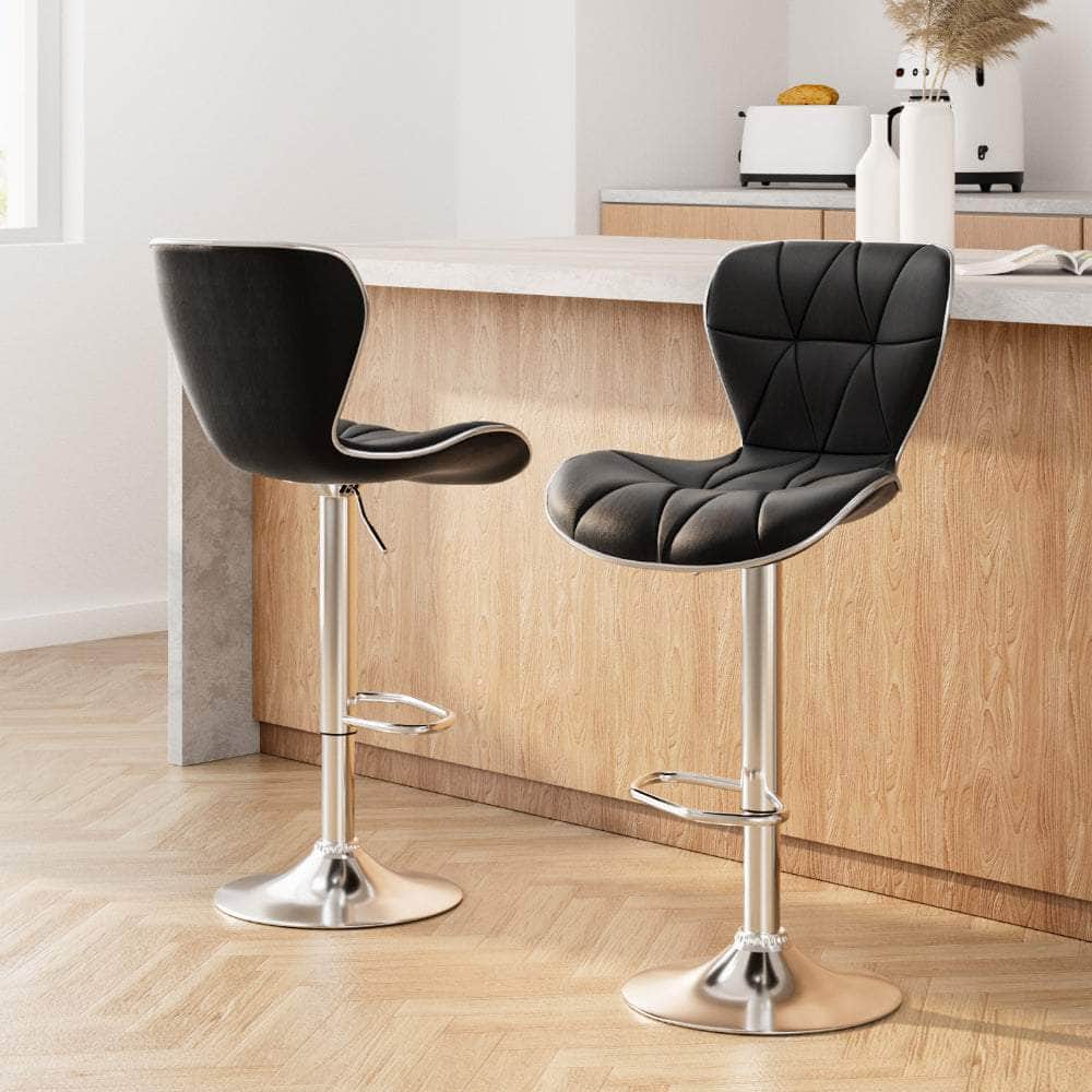 2x Bar Stools Gas Lift Leather Seat Black