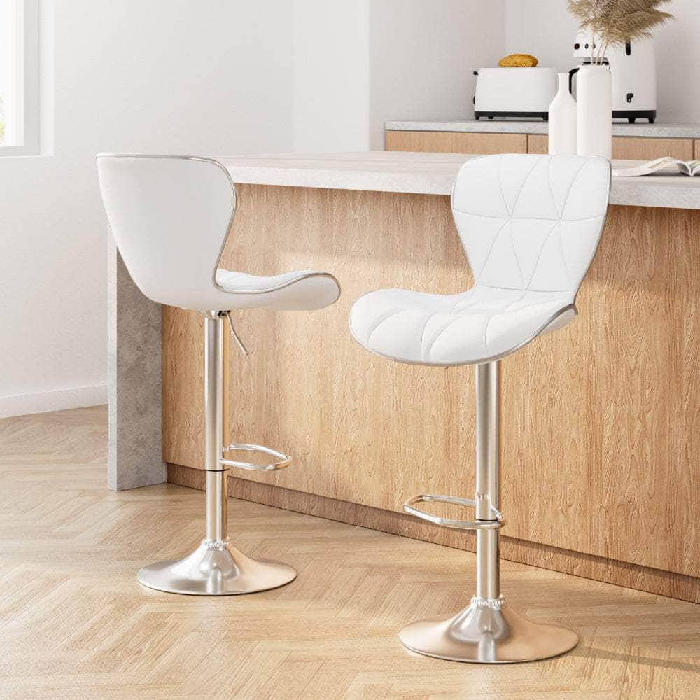 2x Bar Stools Gas Lift Leather Seat White