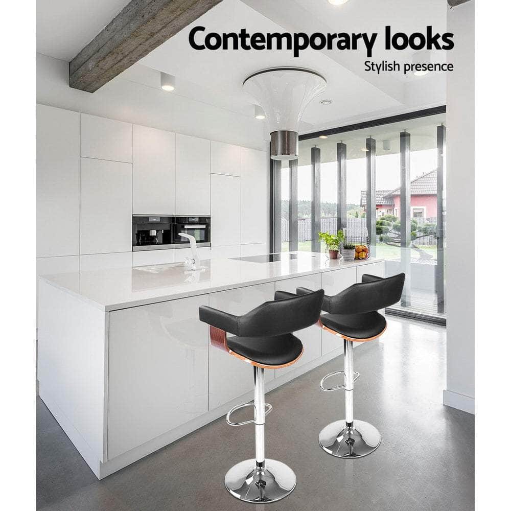 2x Bar Stools Gas Lift Leather w/Armrest Black