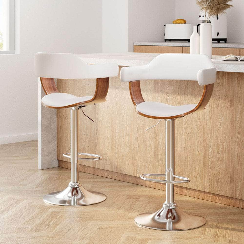 2x Bar Stools Gas Lift Leather w/Armrest White