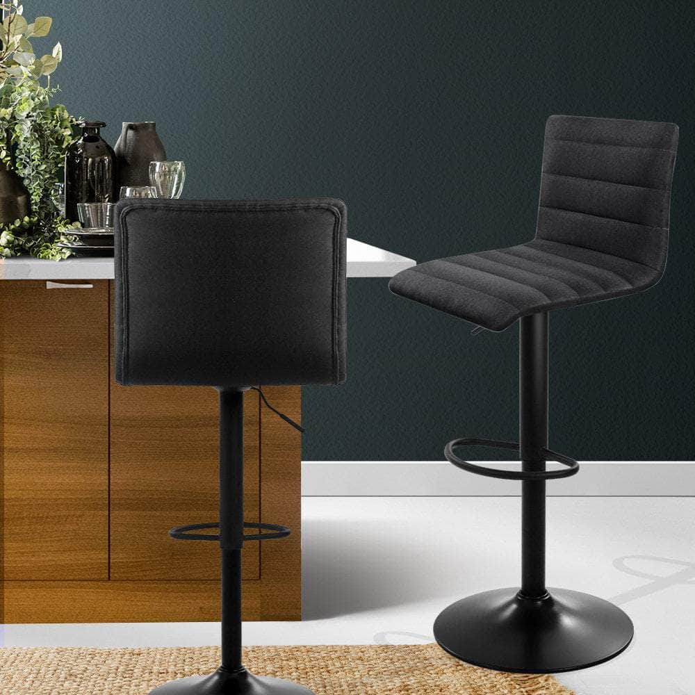 2x Bar Stools Gas Lift Linen Fabric Black