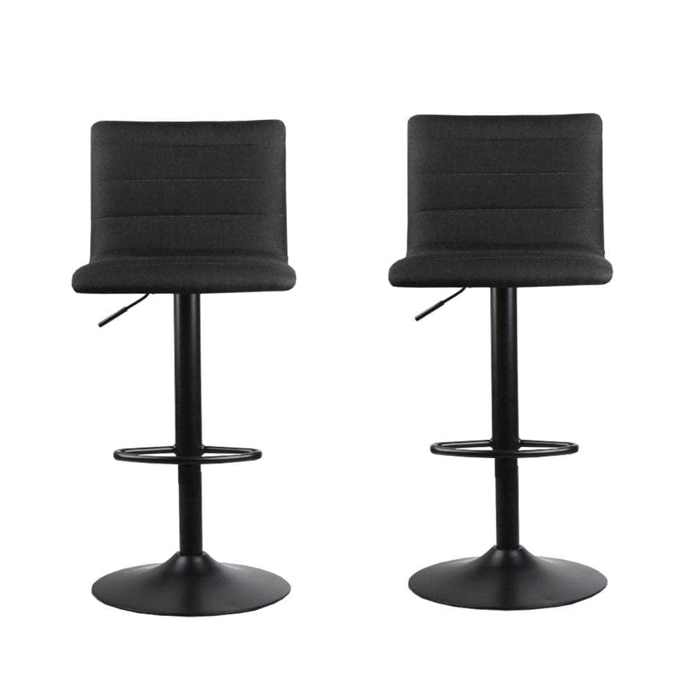 2x Bar Stools Gas Lift Linen Fabric Black