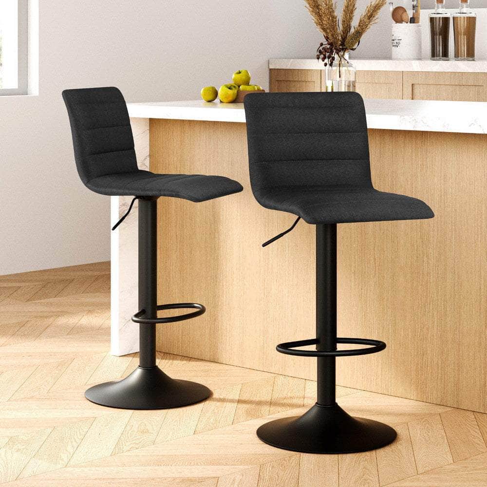 2x Bar Stools Gas Lift Linen Fabric Black