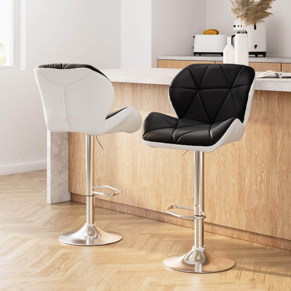 2x Bar Stools Gas Lift Padded Leather Black & White