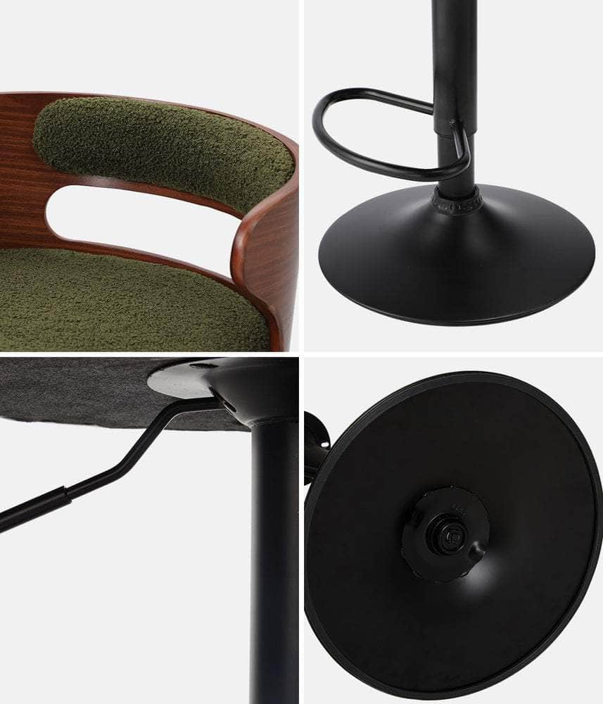 2x Bar Stools Gas Lift Swivel Chairs Wooden Boucle Green
