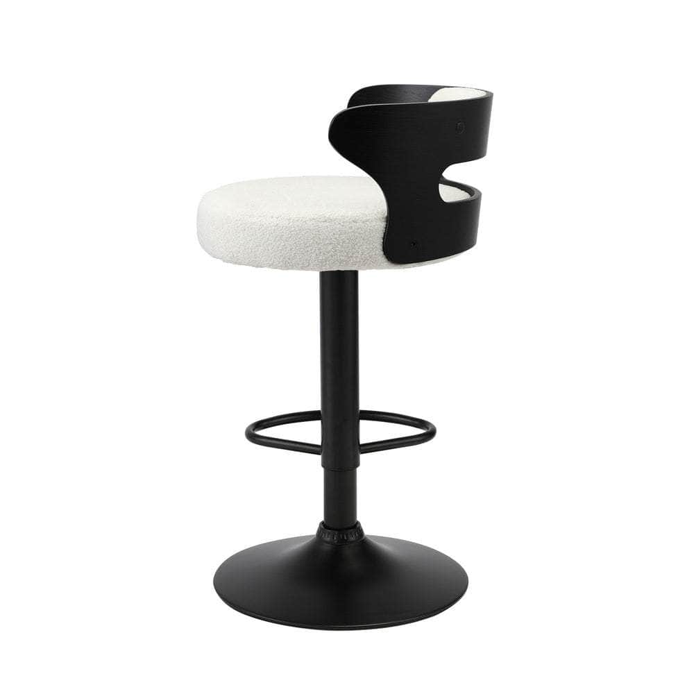 2x Bar Stools Gas Lift Swivel Chairs Wooden Boucle White | White colour