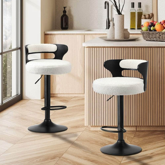 White colour - 2x Bar Stools Gas Lift Swivel Chairs Wooden Boucle White
